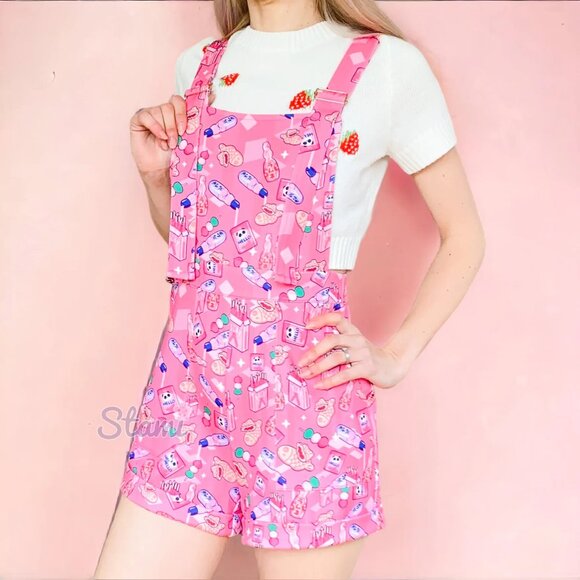 Japanese Sweets Shorts Overalls | Dango Pocky Taiyaki Ramune Print - Picture 2 of 6